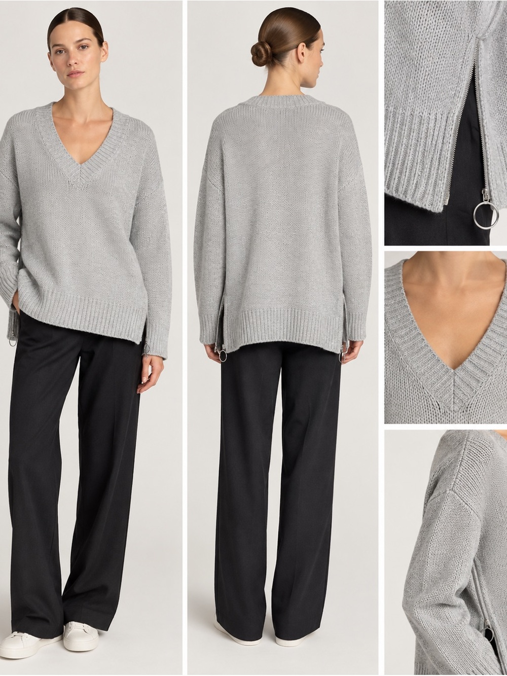 Akris Punto Heather Gray Chunky Knit V-Neck Sweater with Side Zip Ring Pull